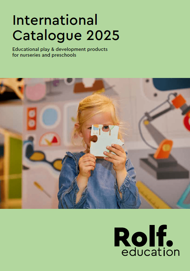 Cover of Rolf Education catalogue 2025 showing a girl holding a puzzle piece in front of her face